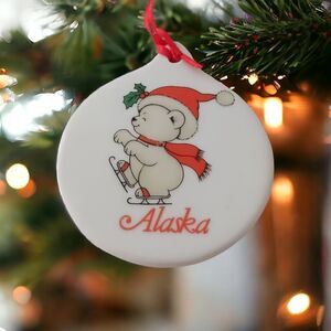 Vintage ALASKA Ceramic‎ Ornament Christmas Porcelain Ice Skating Bear Round 90s.